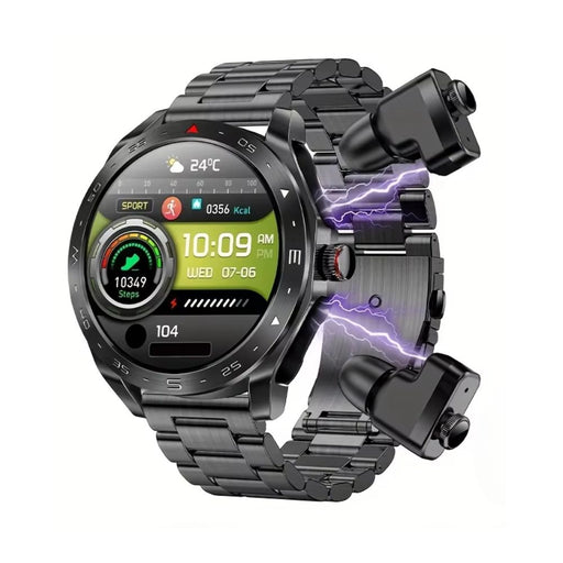 Steel Black Smart Watch with 2-in-1 TWS Bluetooth Earphones and HD Bluetooth Call front view with 152-inch HD full-circle touchscreen and black TPU sports strap