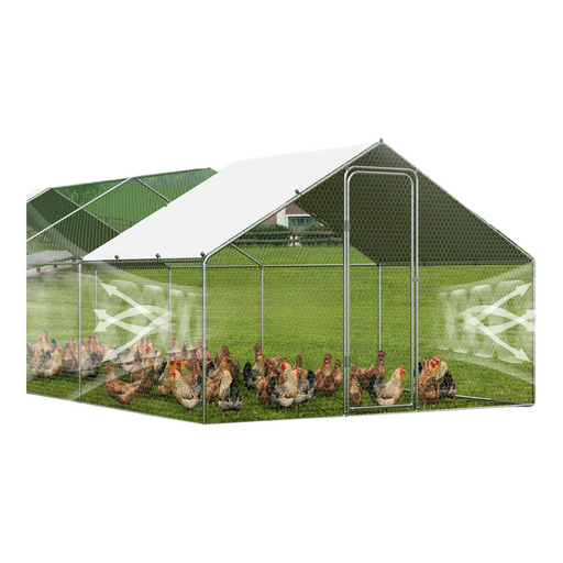 
Walk-in metal chicken run with weather-resistant roof cover and galvanized steel frame