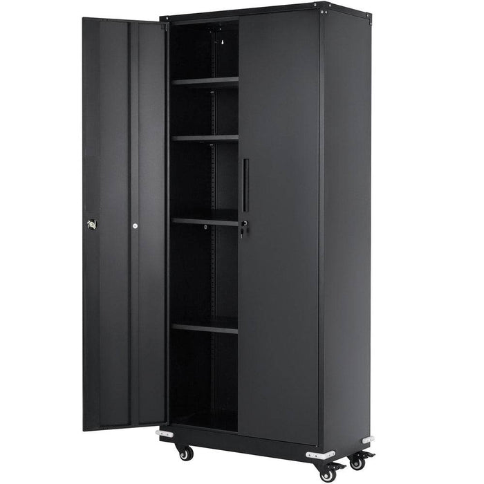 Metal storage cabinet with wheels, locking cabinet, magnetic doors, adjustable shelves, 90 kg capacity, 5 layers, black wheel