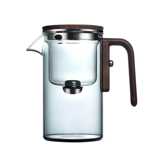 
Gray glass teapot with magnetic switch and wooden handle for easy pouring and comfortable grip