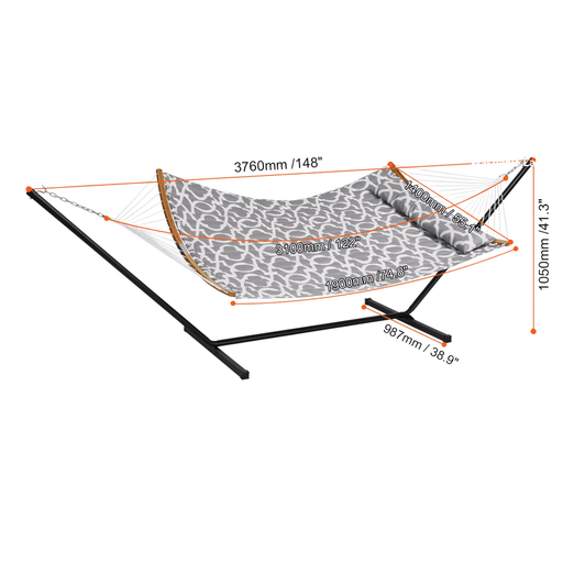 Two person grey and white quilted hammock with curved spreader bars and detachable pillow
