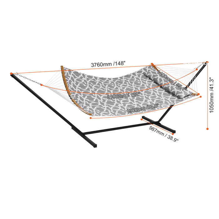 Two person grey and white quilted hammock with curved spreader bars and detachable pillow
