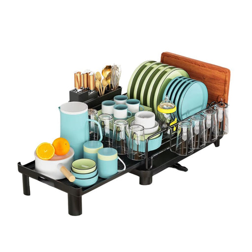 Expandable dish drying rack with drainboard and swivel spout in black
