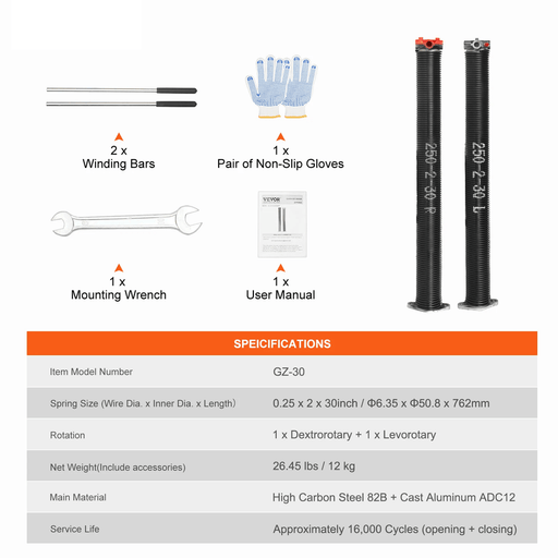  Pair of 16000 cycles torsion springs for garage doors, with high precision engineering and extended lifespan