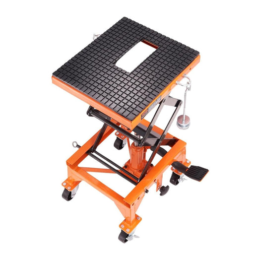 Motorcycle lift with wide deck and safety pin for bikes