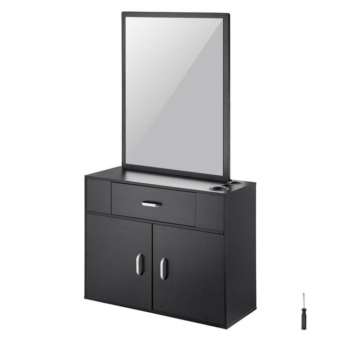 Wall-Hanging Salon Organizer Unit with Mirrors and Storage in Matte Black