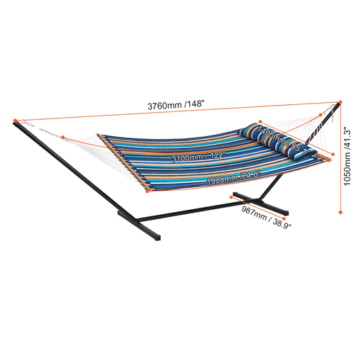 Two-person bluegreenTA hammock with curved hardwood spreader bars and detachable pillow