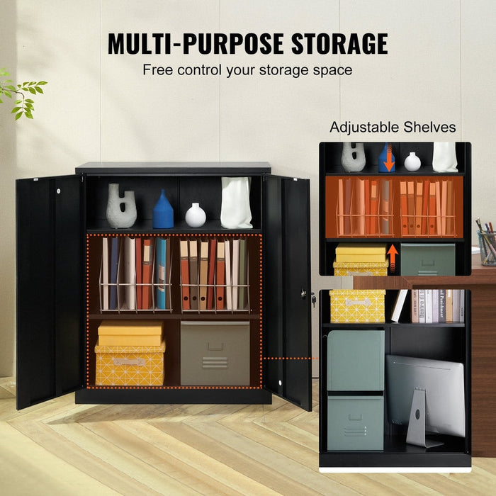 Metal Storage Cabinet with Wheels 190 cm - Locking Cabinet, 2 Magnetic Doors, 4 Adjustable Shelves, 90 kg Capacity (3 Layers-Black) product image featuring key lock with three keys