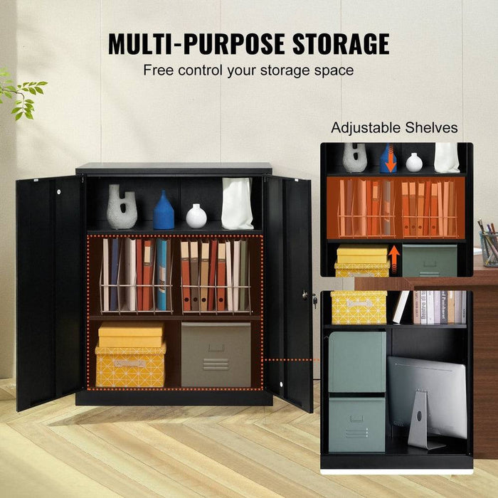 Metal storage cabinet with wheels and locking doors, adjustable shelves