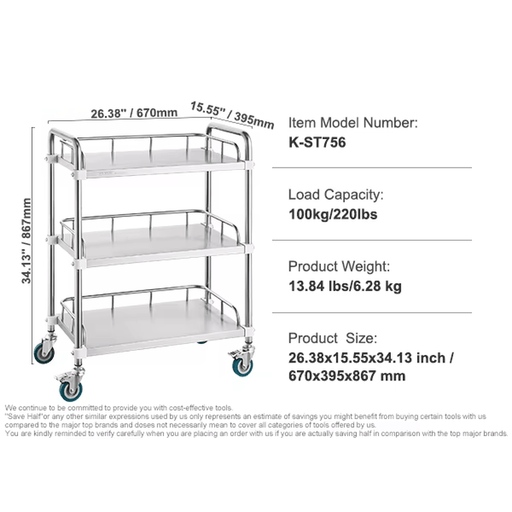 Sturdy and durable 3-tier metal lab trolley with high load capacity