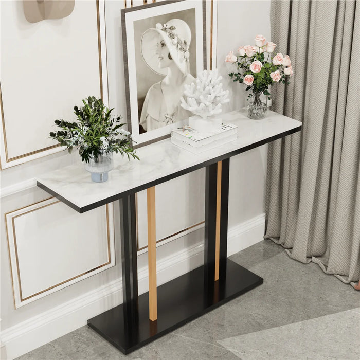 White marble console table with sleek design for narrow living room spaces