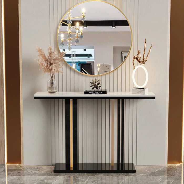 Long white marble console table with narrow design for living room sofa side