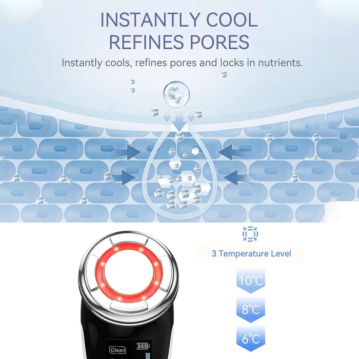 EMS facial massager in pink, with microcurrent, hot/cold compress, and deep cleansing functions