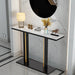 White marble console table with gold accents for narrow living room space