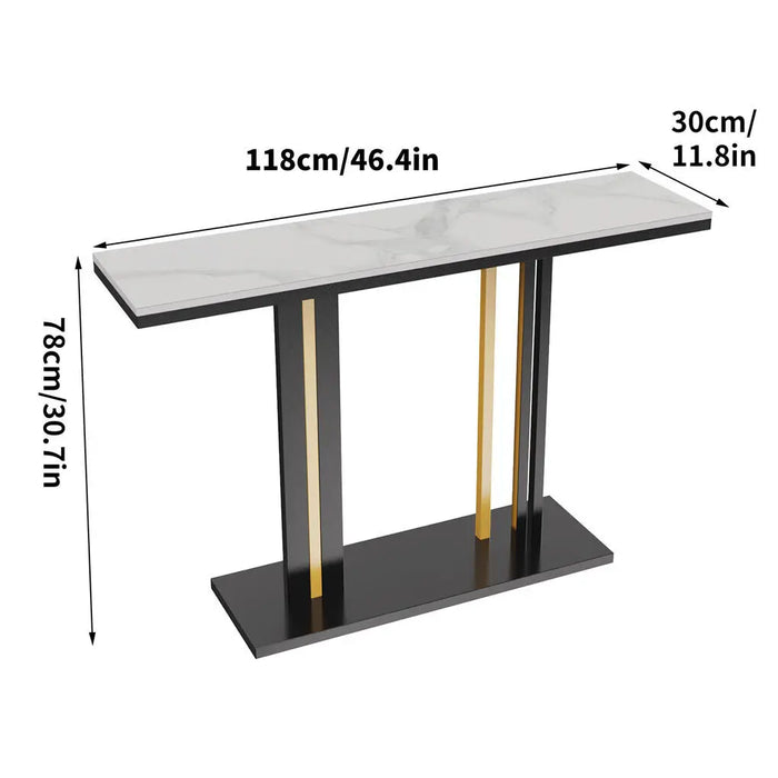 White marble console table with gold accents and long narrow design