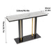 White marble console table with gold accents and long narrow design