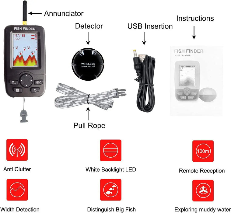Sonar fish finder with 90-degree beam angle at 125kHz frequency
