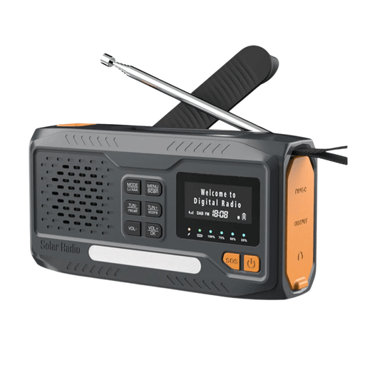 Portable Solar Powered DAB/FM Radio with Hand Crank, USB Charging, Bluetooth Speaker, LED Flashlight, SOS, and Power Bank - FLUXA