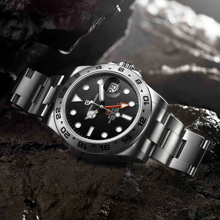 Stainless Steel Mechanical Watch with Dual Time and Calendar