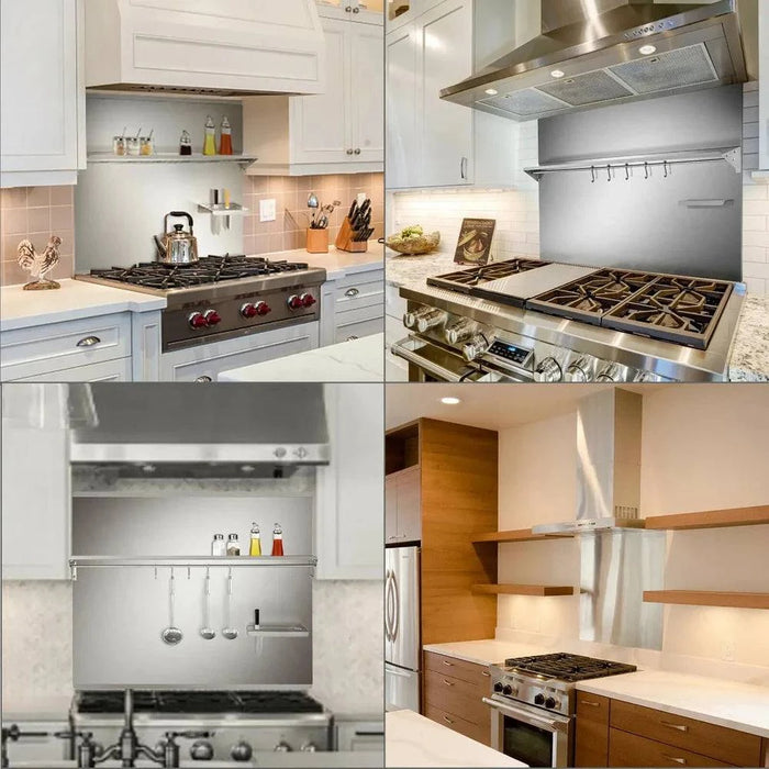 Durable 12 mm thick stainless steel backsplash with built-in storage shelf and knife holder for easy kitchen organization and wall protection