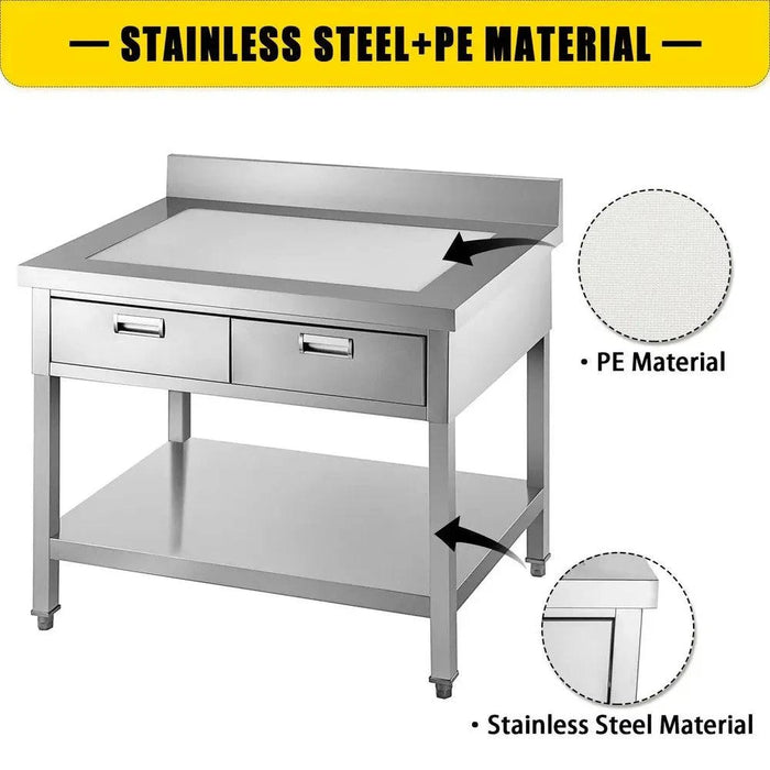 Heavy-Duty Stainless Steel Kitchen Work Table with Double Drawers and Non-Slip Texture