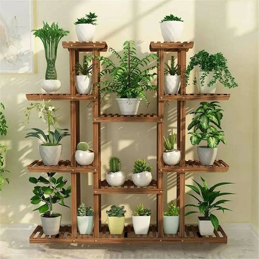 Natural Pine Wood and Metal Tiered Plant Stand, 116 x 115 cm