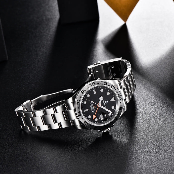 Stainless Steel Mechanical Watch with Dual Time and Calendar