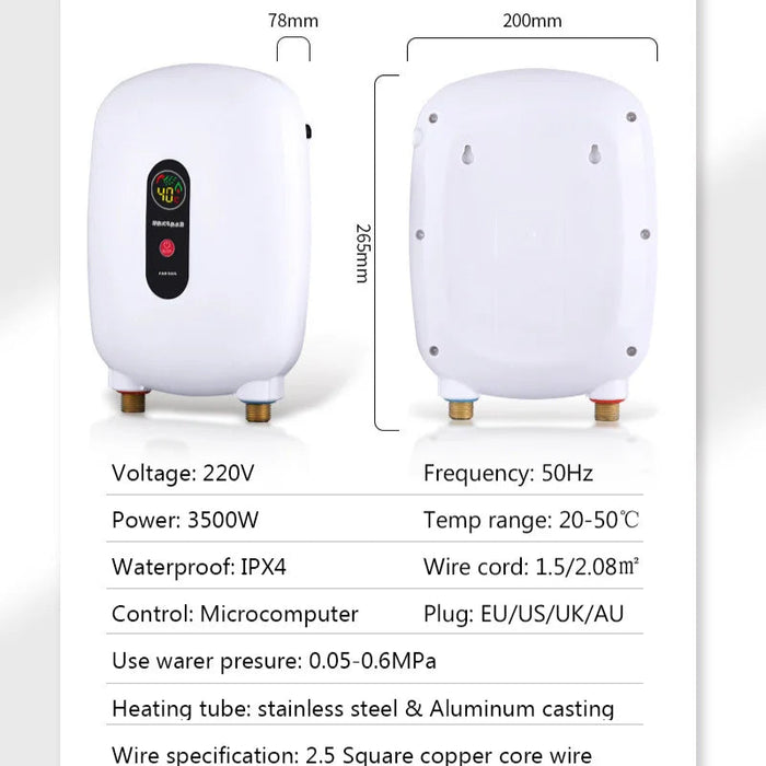 White 3500W Tankless Instant Water Heater for Kitchen & Bathroom