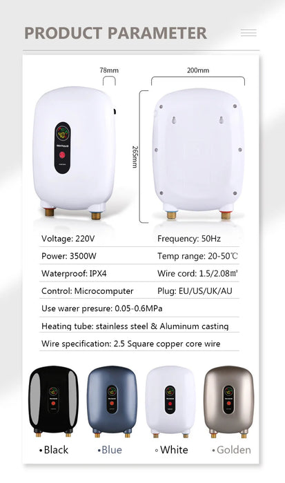 Blue 3500W Tankless Instant Water Heater for Kitchen & Bathroom