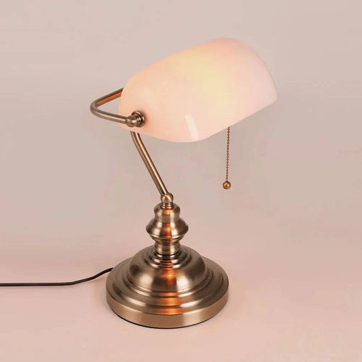 Classical banker table lamp with green stained glass shade and antique gold finish