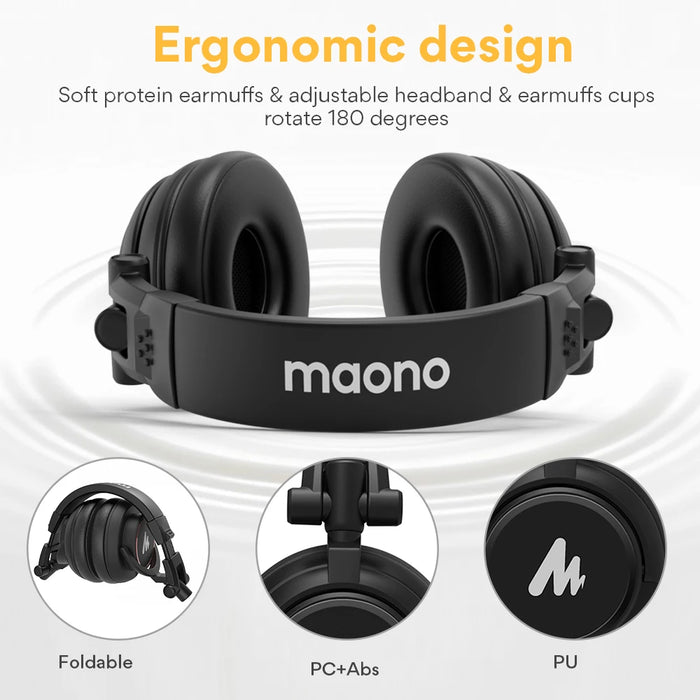 Professional Studio Monitor Headphones, 50mm Driver, Collapsible Design, Detachable Cable, Black