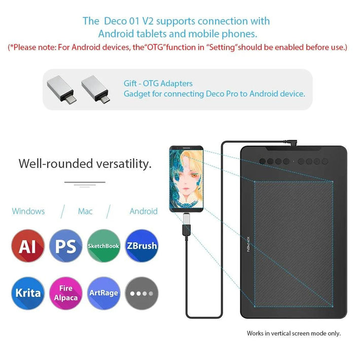 25-Cm Drawing Tablet with 8 Shortcut Keys, Tilt Support, and 8192 Pressure Levels (DECO 01V2) - FLUXA
