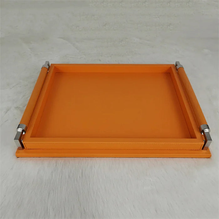 Decorative Orange Wood Leather Tray for Drinks and Tableware