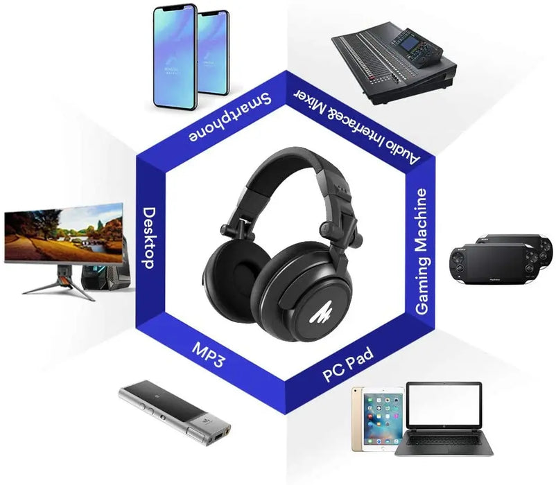 Professional Studio Monitor Headphones, 50mm Driver, Collapsible Design, Detachable Cable, Black