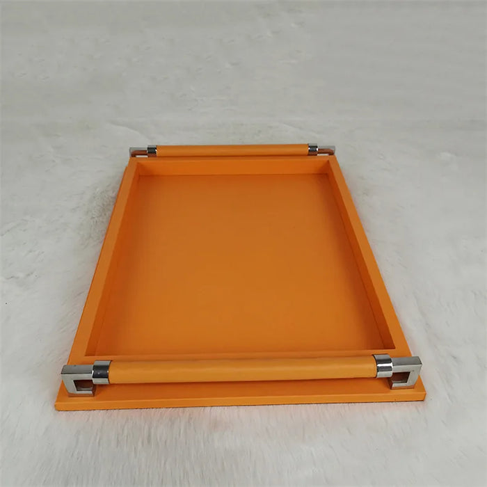 Decorative Orange Wood Leather Tray for Drinks and Tableware