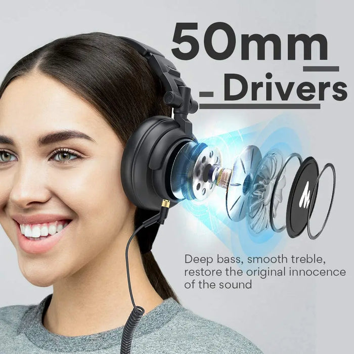 Professional Studio Monitor Headphones, 50mm Driver, Collapsible Design, Detachable Cable, Black