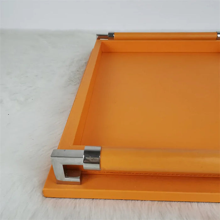 Decorative Orange Wood Leather Tray for Drinks and Tableware