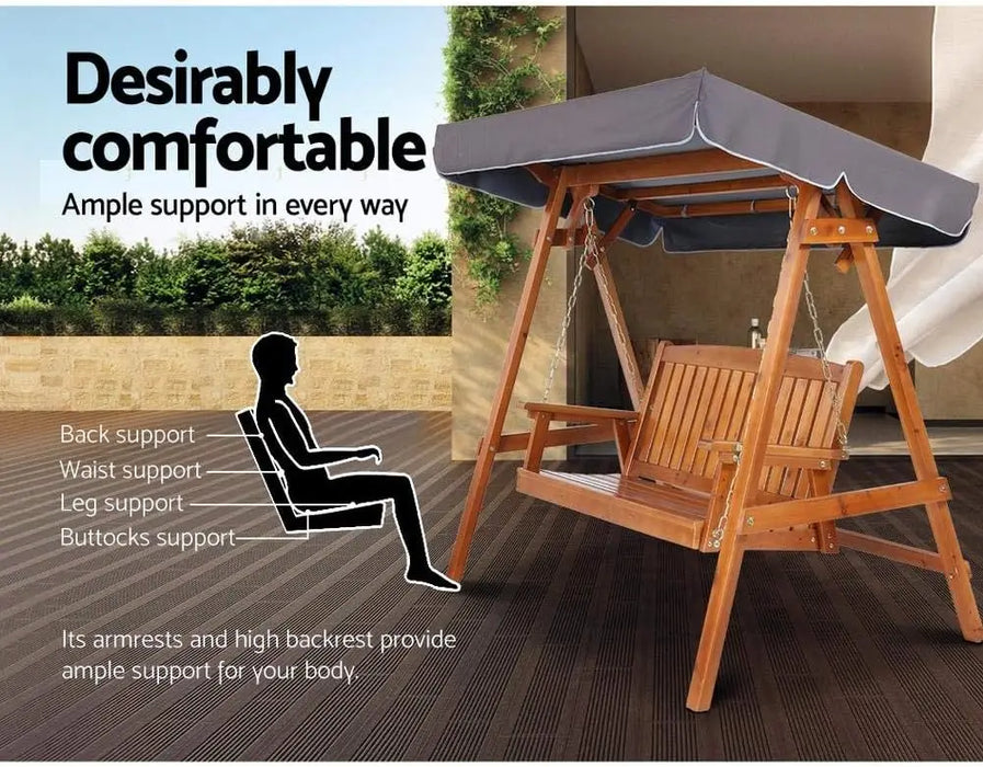 Outdoor Wooden Swing Chair 3-Seater with Adjustable Canopy & Cushions Teak Finish Patio Bench