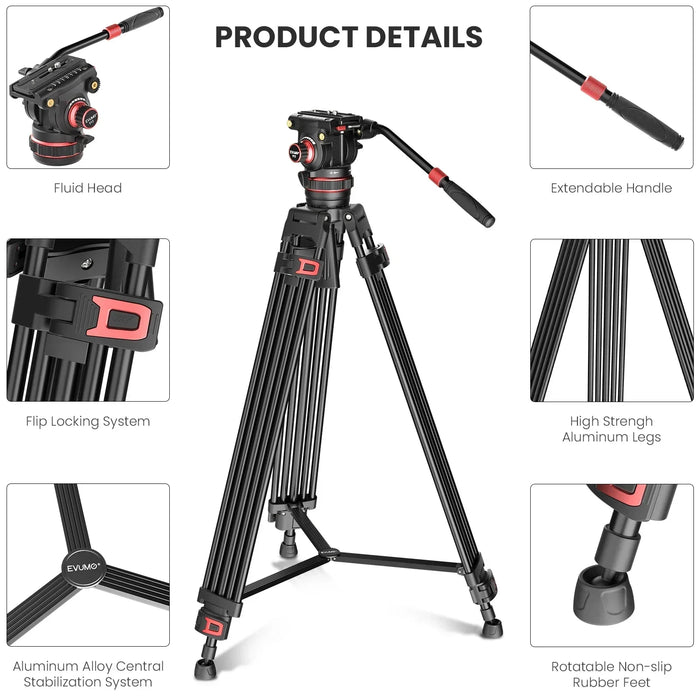 Sturdy 74" Tripod Stand for DSLR, Camcorder, and Phones