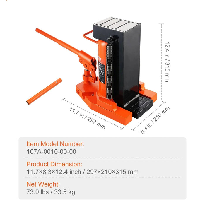 Hydraulic toe jack with a 10-ton lift capacity and adjustable toe and top heights