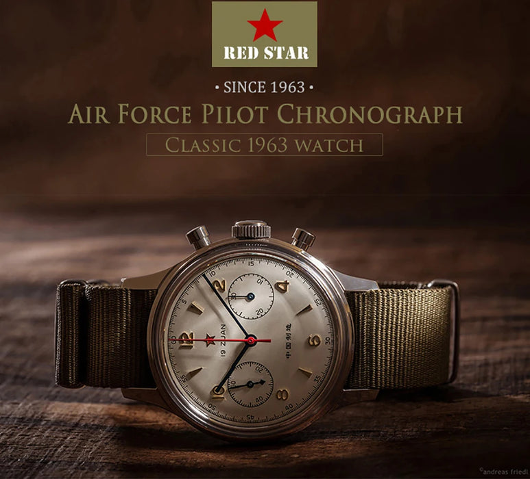 Mechanical watch with 38mm chronograph, pilot design, sapphire crystal, and Seagull movement