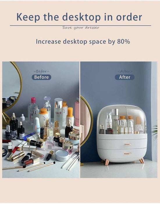 Green makeup organizer with multiple drawers for desktop cosmetic and jewelry storage