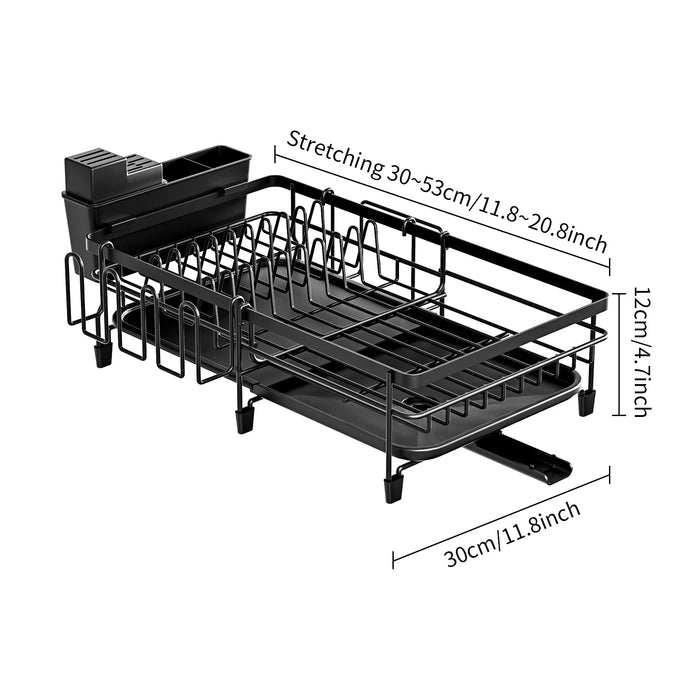 Expandable black dish drying rack with drainboard and swivel spout