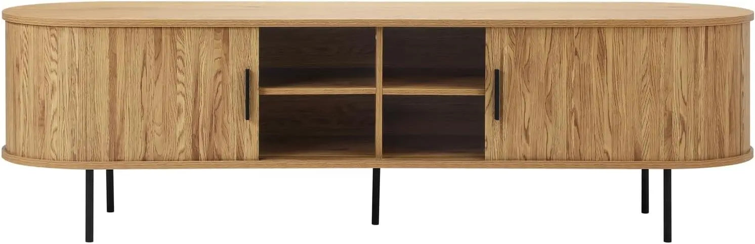 160cm Retro Oak Entertainment Unit with Sliding Tambour Doors and 4 Storage Compartments