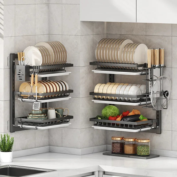 Multifunctional Wall-Mounted Kitchen Dish Rack with Drainboard Holder