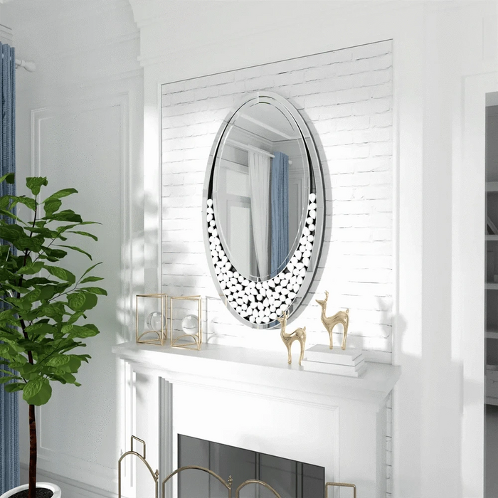 60x105 CM Modern Oval Wall Mirror with Bling Effect, Silver Venetian Accent for Hallway Bathroom Decor mirror reflecting hallway with elegant silver Venetian design