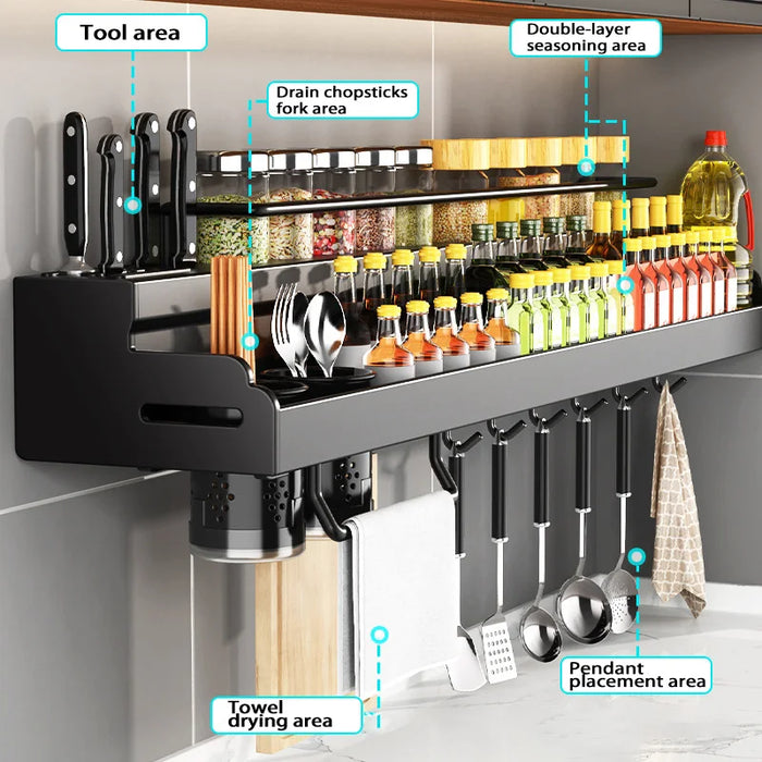 Double-Layer Wall-Mounted Kitchen Spice & Knife Storage Rack