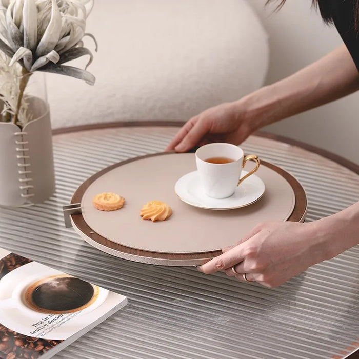 Round Walnut Leather Tray with Metal Frame for Home Decor