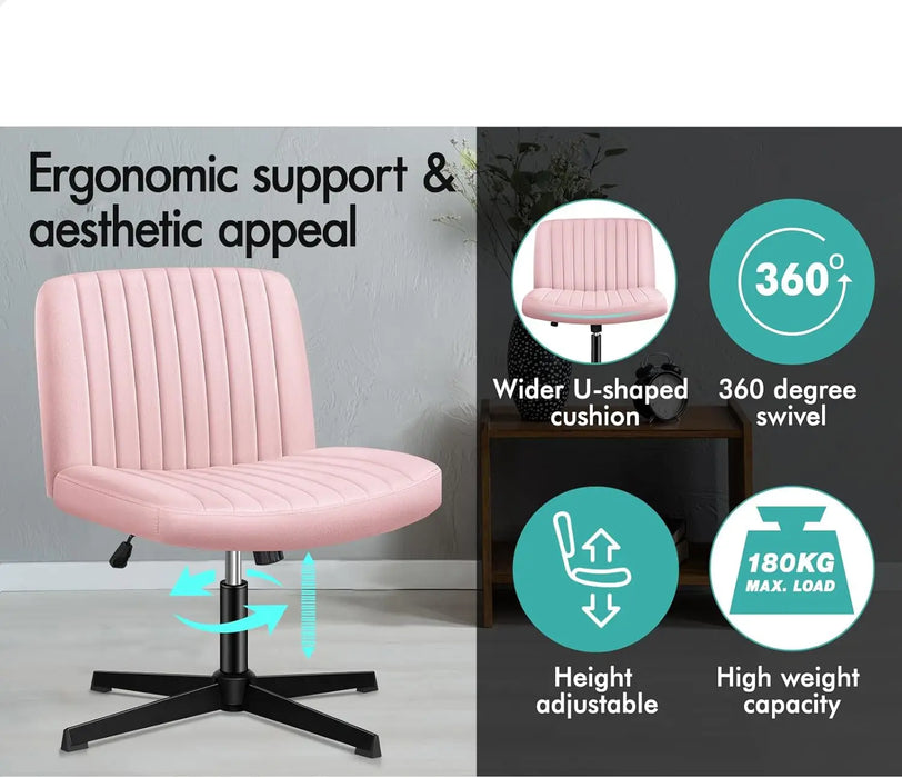 Armless Velvet Desk Chair with Ottoman Ergonomic Cross-Leg Base & Adjustable Tilt