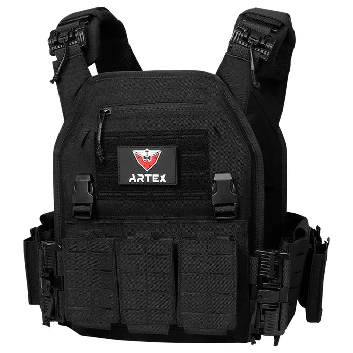 Tactical Plate Carrier Vest with Quick Release, Black, Molle System, Adjustable Straps, and Security Bandolier for Hunting and Outdoor Gear
